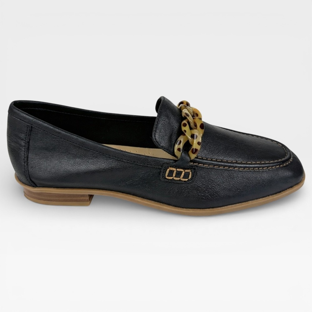 CLARKS Artisan Sarafyna Iris Black Leather Tortoise Chain Loafer Womens Size 8.5